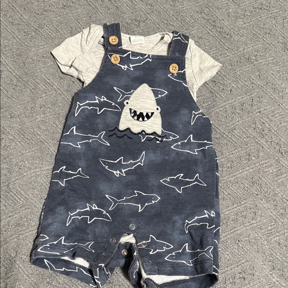 Navy Shark Applique Baby Overalls